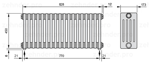 Схема (чертеж) Радиатор Zehnder Charleston 5045/18 №3570 Белый глянцевый RAL 9016
